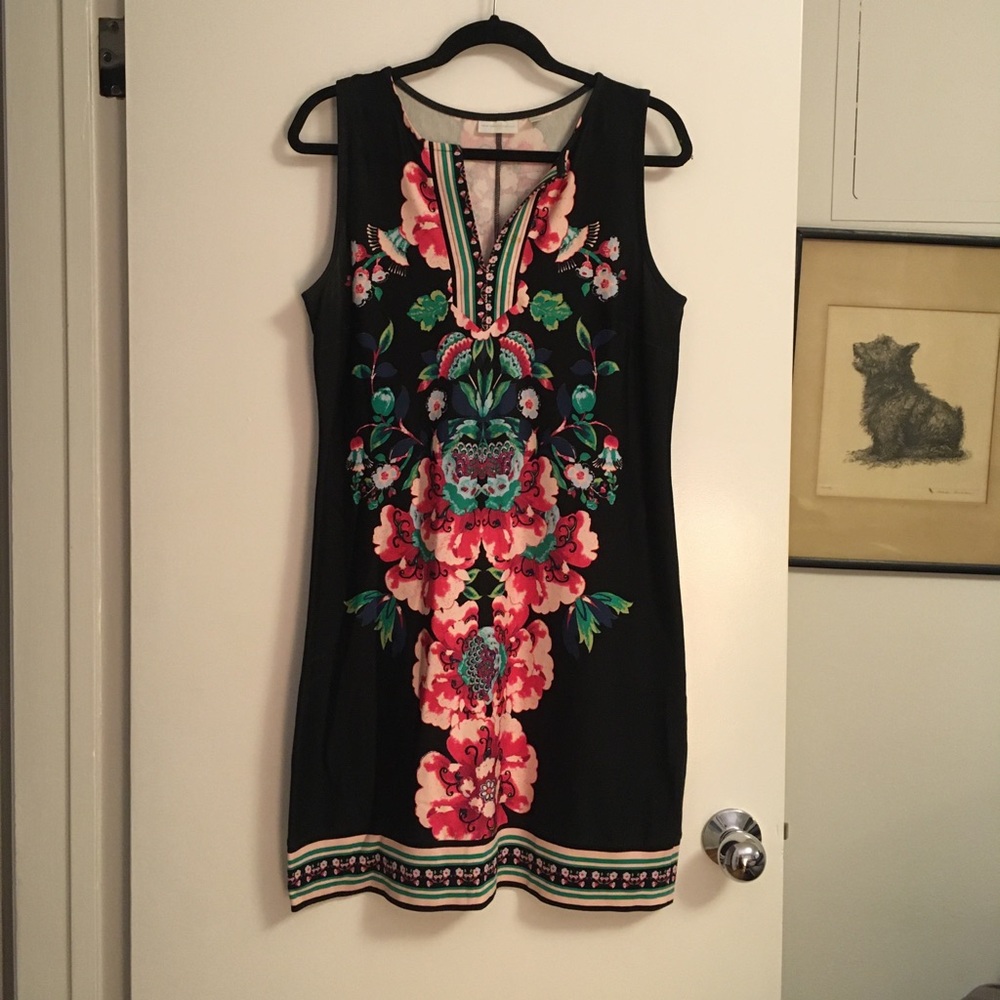 Black with bright floral print sheath dress